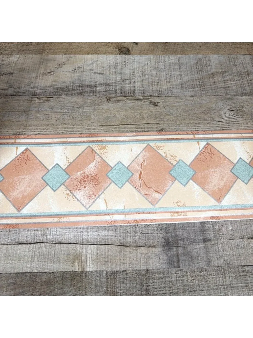 VTG Southwestern Geometric Diamond Wallpaper Border Peach Teal Art Deco 16.2 Yds